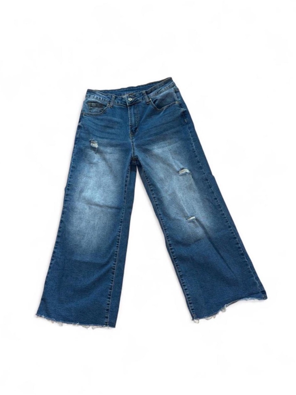 High-Rise Wide Leg Distressed Jeans - Blue